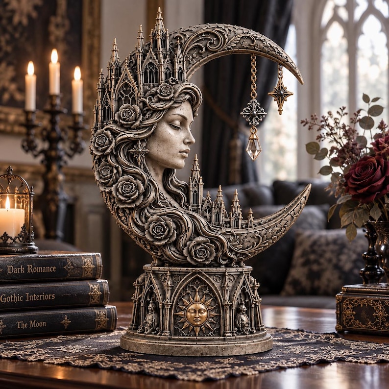 Gothic Crescent Moon Statue, Celestial Woman Sculpture, Fantasy Moon Decor, Gothic Home Decor, 3D Print STL File
