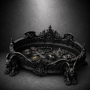 May include: A black oval decorative tray featuring intricate gothic architectural details, including pointed arches, rose motifs, and bat wings. The tray is supported by four sculpted gargoyle figures and contains various rings and a cross pendant.