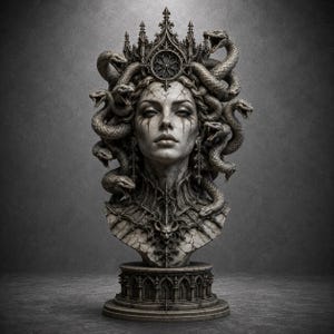 May include: A gray stone-textured bust of a figure with a cracked face, wearing an ornate gothic crown. Multiple snakes with open mouths emerge from the hair. The base features intricate architectural detailing and a small gargoyle-like ornament.