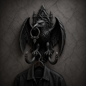 May include: A black wall-mounted coat hook featuring a sculpted raven with outstretched wings, perched atop a gothic-style arched backplate. The raven holds a circular ring in its beak, and two curved hooks extend from its talons to hold a black jacket.