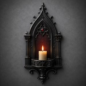 May include: A black wall-mounted candle holder featuring an arched frame with intricate carved details, a small red circular accent at the top, and a circular base holding a single off-white pillar candle with a lit flame casting a warm glow.