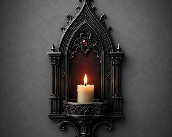 May include: A black wall-mounted candle holder featuring an arched frame with intricate carved details, a small red circular accent at the top, and a circular base holding a single off-white pillar candle with a lit flame casting a warm glow.