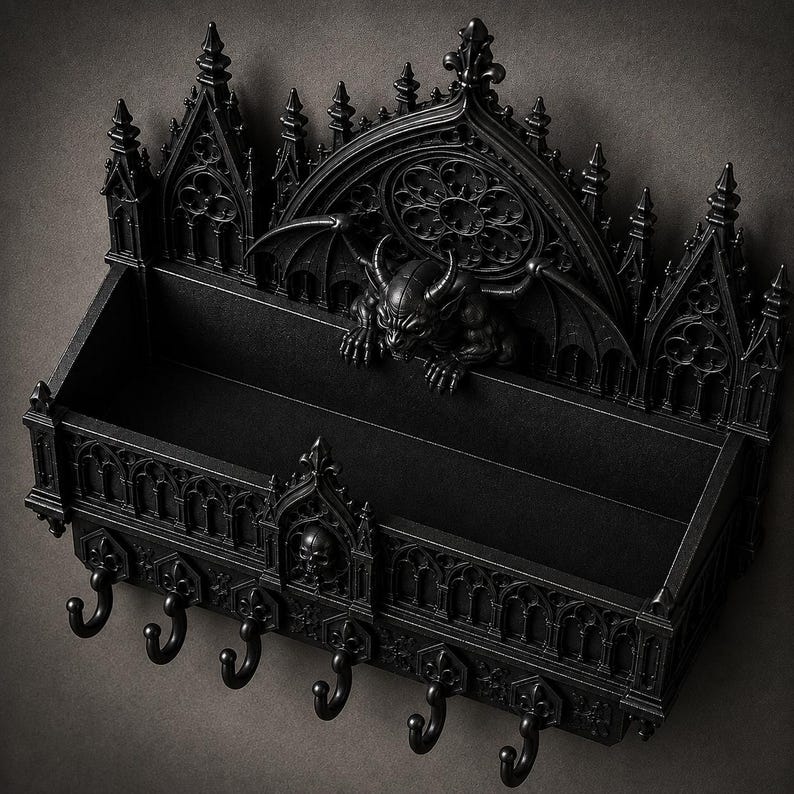 Gothic Gargoyle Wall Shelf STL, Cathedral Key Holder, Dark Fantasy Coat Rack, Gothic Organizer 3D Print File