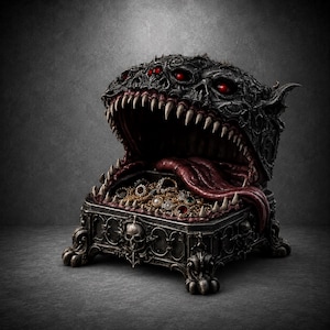 Puede incluir: Un cofre oscuro y ornamentado con forma de criatura monstruosa con una boca ancha y dentada y ojos rojos brillantes. La tapa está abierta, revelando una lengua larga y carnosa sobre una colección de anillos y joyas metálicas en la base.