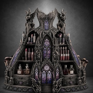 May include: A dark grey, multi-tiered cosmetic organiser shaped like a cathedral with gargoyles, pointed arches, and purple stained-glass accents. It features shelves holding various lipsticks, makeup brushes, and perfume bottles in glass containers.