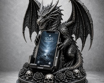 Gothic Dragon Phone Holder STL | Dark Fantasy Skull & Rose Phone Stand | Dragon Smartphone Dock | 3D Printable STL File