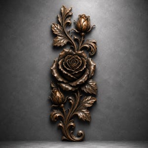 Puede incluir: Una escultura de pared vertical que presenta una rosa central en flor flanqueada por dos capullos, todo en un acabado de bronce metálico con detalles de hojas en espiral y sombras profundas que resaltan el relieve del diseño floral.