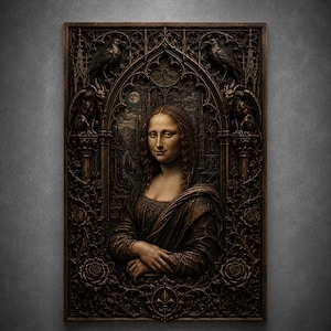 May include: A rectangular dark brown wooden wall plaque featuring a relief carving of a person with long wavy hair. The central figure is framed by an ornate gothic archway with carved ravens, gargoyles, roses, and a fleur-de-lis at the base.