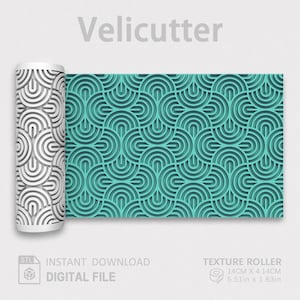 May include: A white cylindrical texture roller with a repeating geometric arch pattern, shown next to a teal rectangular sample of the same pattern. The text Velicutter, Instant Download, Digital File, and Texture Roller 5.51in x 1.63in are visible.