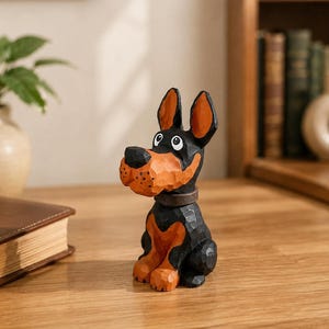 May include: A hand-carved wooden figurine of a sitting dog with a textured surface. The dog is painted black with orange accents on the ears, muzzle, chest, and paws. It features large white eyes with black pupils and a simple brown collar.