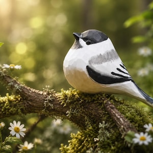 May include: A hand-carved wooden bird figurine featuring a black cap, white chest, and grey wing details. The bird has a rounded body and is perched on a textured branch. The carving shows visible chisel marks across the surface of the wood.