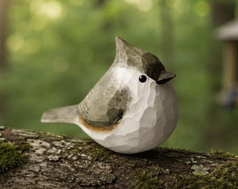Figura de madera de carbonero copetudo, escultura de pájaro tallada a mano, regalo para amantes de las aves, regalo para observadores de aves, decoración de estante con temática de bosque.