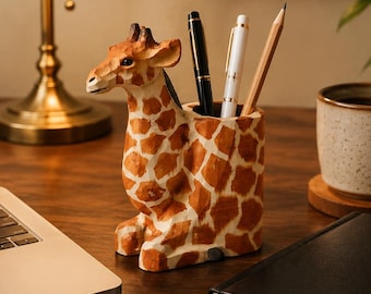 Hand Carved Wooden Giraffe Pen Holder, Animal Desk Organizer, Handmade Safari Decor, Unique Office Gift, Teacher Gift, Wooden Desk Accessory