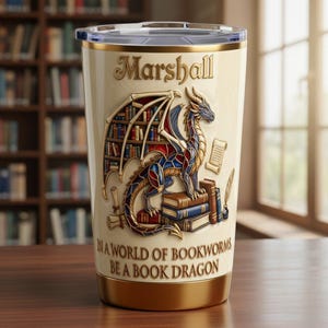 Vaso personalizado para amantes de los libros con temática de dragones, regalo personalizado para lectores, taza aislante de acero inoxidable para ratones de biblioteca, regalo de fantasía con temática de dragones para ella y para él.