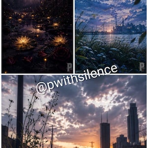Puede incluir: Una imagen compuesta que presenta tres escenas distintas: una cabaña forestal oscura con nenúfares brillantes, un frente costero industrial bajo un cielo azul nublado y una calle urbana al atardecer con un charco que refleja el horizonte, marcada con @pwithsilence.