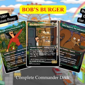 May include: Three custom trading cards featuring Bob's Burgers characters and themes. The cards display illustrations of Linda, a delivery scene, and a squirrel, with game text, mana symbols, and power/toughness stats printed on each card face.