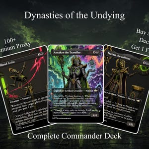 May include: Three trading cards titled Dynasties of the Undying featuring Blood Artist, Anrakyr the Traveller, and Trazyn the Infinite. The cards display dark, detailed fantasy illustrations of skeletal figures with green and purple accents.