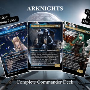 May include: Three Arknights themed trading cards featuring character illustrations and game text. The cards are titled Muelsyse, Shaper of Reflections, The Doctor, Master of Deployment, and Hoshiguma, Shield of Lungmen. Text includes 100+ Premium Proxy and Buy any 3 Decks Get 1 Free.