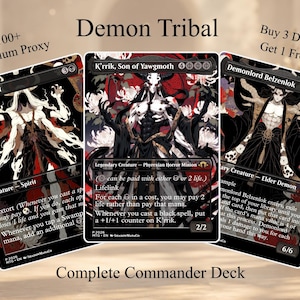 May include: Three trading cards titled Demon Tribal, featuring black, white, and red illustrations of fantasy creatures. The cards are labeled Crypt Ghast, K'rrik, Son of Yawgmoth, and Demonlord Belzenlok, with detailed text and game statistics printed on each card face.