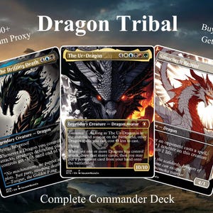 May include: A Dragon Tribal complete Commander deck set featuring three game cards: Silumgar, the Drifting Death, The Ur-Dragon, and Sunscorch Regent. The cards display detailed dragon illustrations, text, and mana symbols against a landscape background.