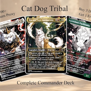 May include: Three collectible trading cards titled Cat Dog Tribal featuring fantasy illustrations of a cat soldier, a dog and cat pair, and a wolf. The cards display text including Brimaz, King of Oreskos, Rin and Seri, Inseparable, and Ascendant Packleader.