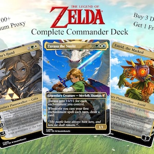 May include: A set of three Legend of Zelda themed trading cards featuring Calix, Destiny's Hand, Tuvasa the Sunlit, and Estrid, the Masked. The cards display detailed character illustrations, game text, and mana symbols against a green background.