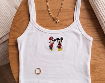 Mickey and Minnie Embroidered Tank Top, Disney Couple Shirt, Character Embroidery Cami, Theme Park Outfit Gift for Women