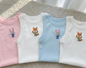 Nick & Judy Matching Tank Tops, Embroidered Disney Zootopia Fox Bunny Duo Top Set, Best Friends Park Trip Outfit, Summer Holiday Trip Shirt