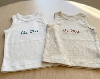 The Mrs Embroidered Tank Top Set, Bridal Matching Tank Top, Custom Bride Gift, Bachelorette Outfit, Honeymoon Tank Top