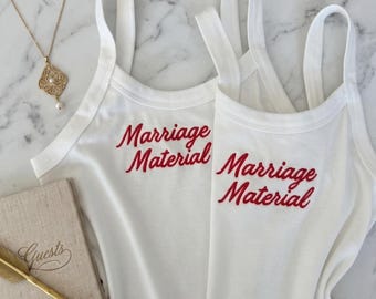 Custom Marriage Material Embroidered Tank Top, Bridal Shower Outfit, Bachelorette Party Tank, Bride to Be Gift, Wedding Weekend Top