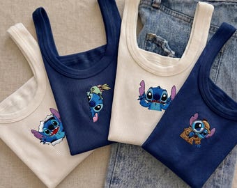 Embroidered Stitch Tank Top, Disney Lilo & Stitch Shirt, Vacation Outfit, Cartoon Character Crop Top, Summer Tank, Disney Lover Gift