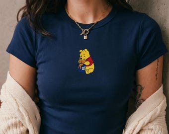 Winnie The Pooh Embroidered Baby Tee, Disney Pooh Bear Embroidery Shirt, Honey Bear Y2K Tee, Disney Vacation Outfit Gift