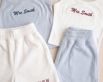 Personalized Mrs. Embroidered Lounge Set, Custom Bride Pajama Set, Bridal Getting Ready Outfit, Wedding Morning Gift