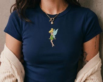 Disney Tinker Bell Baby Tee, Embroidered Disney Fairy Top, Peter Pan Inspired Y2K Fitted Tee, Disneytrip Outfit