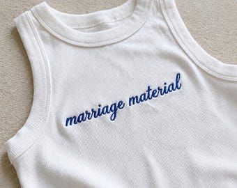Personalized Marriage Material Embroidered Tank Top, Custom Wedding Shirt, Bride Bachelorette Outfit, Engagement Party Gift