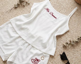 Personalized Mrs Embroidered Pajama Set, Custom Bridal Sleepwear, Wedding Morning Outfit, Bride Gift, Honeymoon Lounge Set