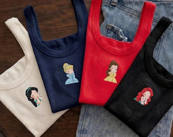 Disney Princess Embroidered Tank Top, Cinderella Belle Ariel Jasmine Snow White Rapunzel Mulan Aurora, Cute Girls Disney Outfit