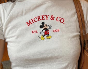 Vintage Mickey & Co Embroidered Baby Tee, Disney Mickey Mouse EST 1928 Shirt, Retro Cartoon Mouse Theme Park Outfit Gift