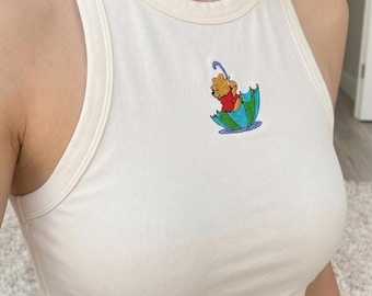 Winnie the Pooh Embroidered Tank Top, Disney Bear Shirt, Character Embroidery Gift, Vintage Cartoon Character Top, Sweet Aesthetic Tank