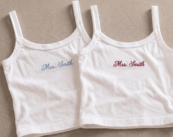 Custom Mrs Smith Embroidered Tank Top, Personalized Bridal Tank, Bride Name Top, Bachelorette Outfit, Honeymoon Gift