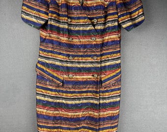 Vintage 1980s Leslie Lucks Multicolor Stripe Puff Sleeve Party Dress 12