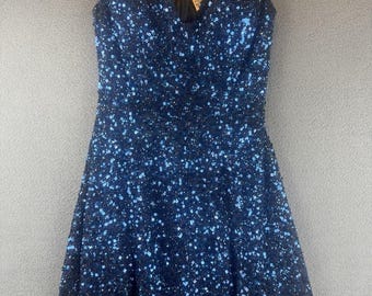 Scala Mini Dress Sequin Vintage Womens Size4 Blue Beaded Lined Pure Silk