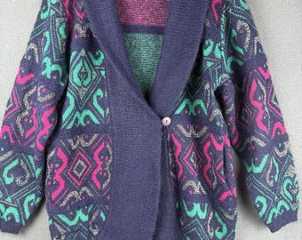 Vintage Montre Wool Mohair Cardigan Women's M Open Front Oversized Pockets Geo