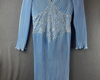 JOVANI Vintage Blue Goddess Evening Gown Fortuny Pleats Jeweled Beaded Detail 12