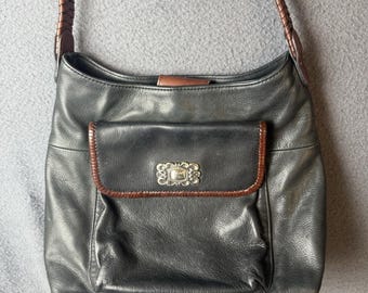 Vintage FOSSIL Black Genuine Leather Western Shoulder Bag Rope Woven Strap Y2K