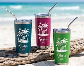 Personalized 20oz Stainless Steel Tumbler with Straw | Girls Trip Cup, Custom Name Travel Mug, Laser Engraved Beach Vacation Gift