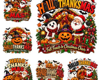 Può includere: Una collezione di sei disegni grafici a tema festivo con un fantasma, un tacchino, una zucca e Babbo Natale. Il testo include frasi come HALLOTHANKSMAS, One Season Wasn't Enough, Fall Feasts to Christmas Cheer e Pumpkins, Pie & Presents.