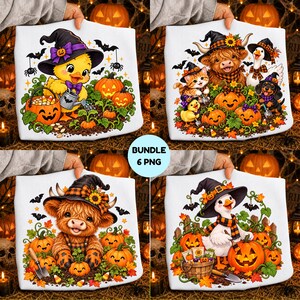 Pacchetto di immagini PNG di animali di Halloween: gatto nero del campo di zucche, mucca delle Highlands, bassotto, anatra e oca in formato PNG, simpatici disegni autunnali per sublimazione.