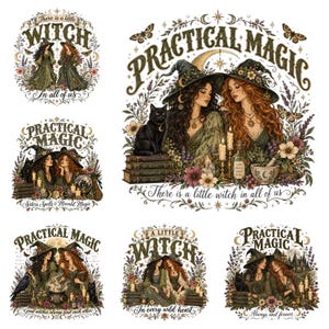 Op de afbeelding: Een verzameling van zes digitale illustraties met twee heksen met lang haar en hoeden, omringd door zwarte katten, boeken, kaarsen, bloemen en motten. De tekst bevat zinnen zoals Practical Magic en There is a little witch in all of us.