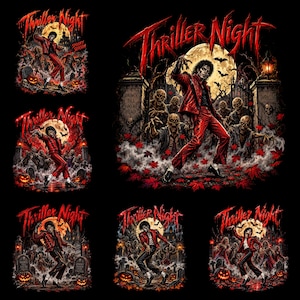 Puede incluir: Un diseño gráfico que muestra a una figura central con chaqueta roja bailando entre zombis en un cementerio bajo una luna llena. El texto Thriller Night aparece en rojo en la parte superior. La escena incluye lápidas, murciélagos y hojas de otoño rojas.